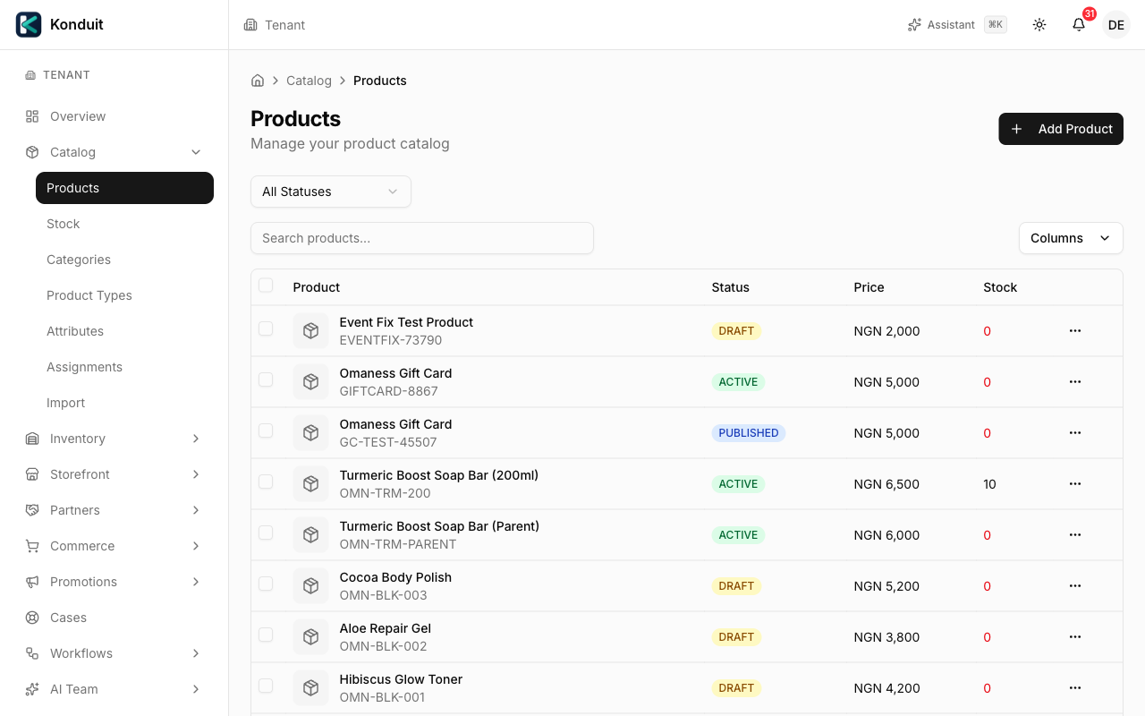 The product catalog dashboard