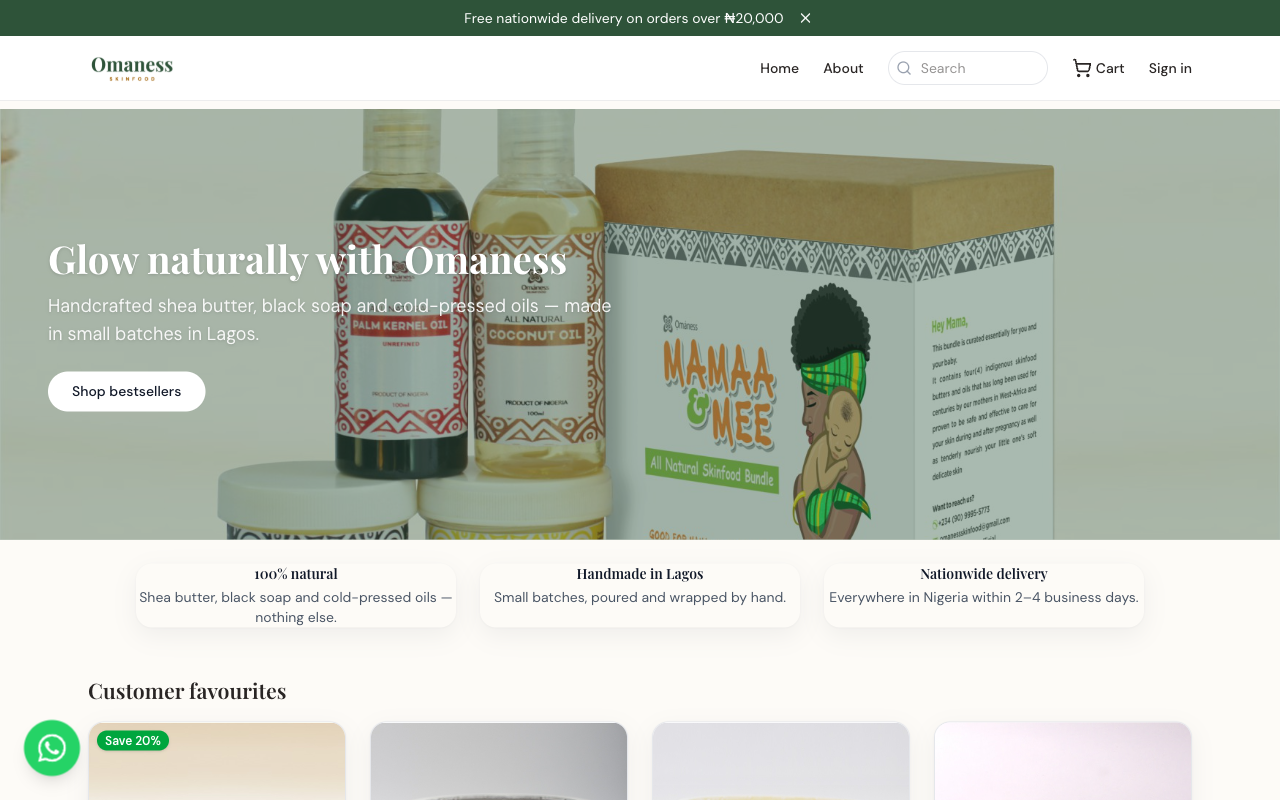 A live Konduit storefront — Omaness Skinfood